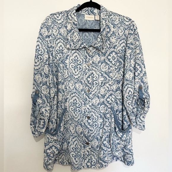 Chicos Jacket Womens 2 Large Snap Buttons Pockets Floral Blue White Lyocell - Picture 2 of 6